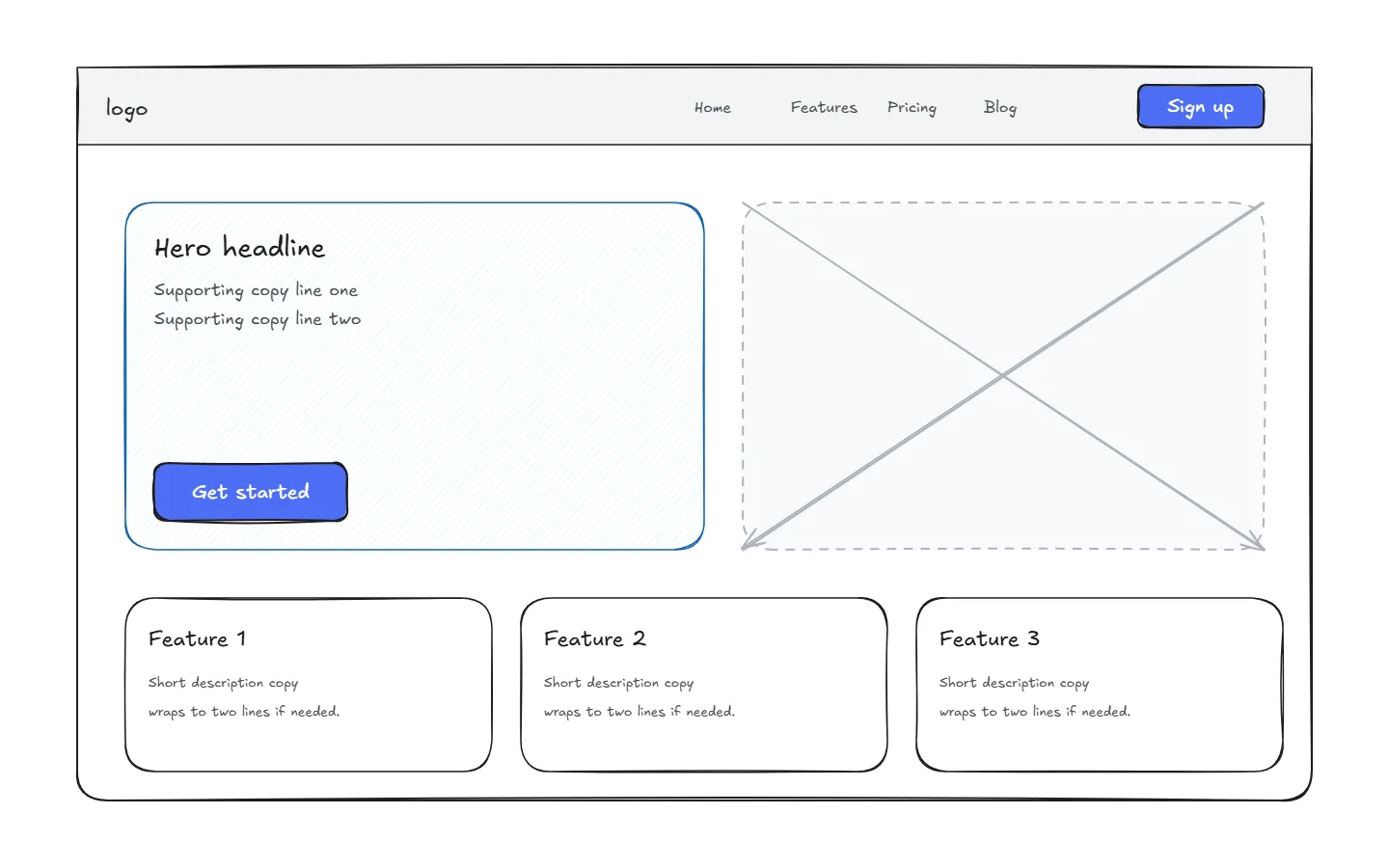 Hand-drawn wireframe of a product page layout with navigation and content blocks