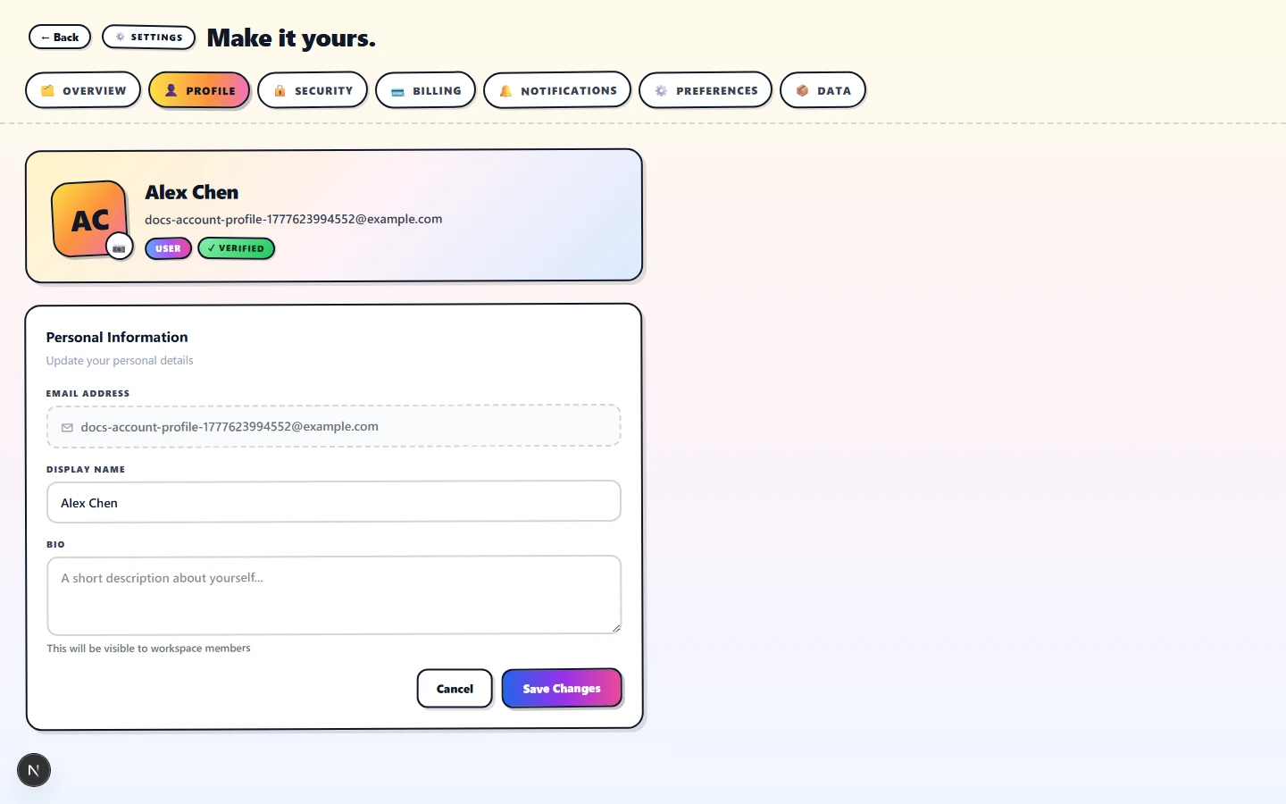 The Settings page with the seven-tab strip — Overview, Profile, Security, Billing, Notifications, Preferences, Data — and the Profile tab selected. The page header reads 'Make it yours.' with a small ⚙️ Settings badge.