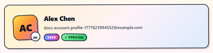 Close-up of the avatar card at the top of the Profile tab. A 56×56 rounded square with a single uppercase letter on a yellow-orange gradient, tilted -3°, sits beside the user's name and email.