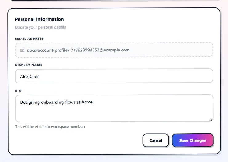 The Profile tab fully filled in — Name 'Alex Chen', Bio 'Designing onboarding flows at Acme.', Email field disabled and grayed showing alex@acme.com. Save Profile button highlighted at the bottom.