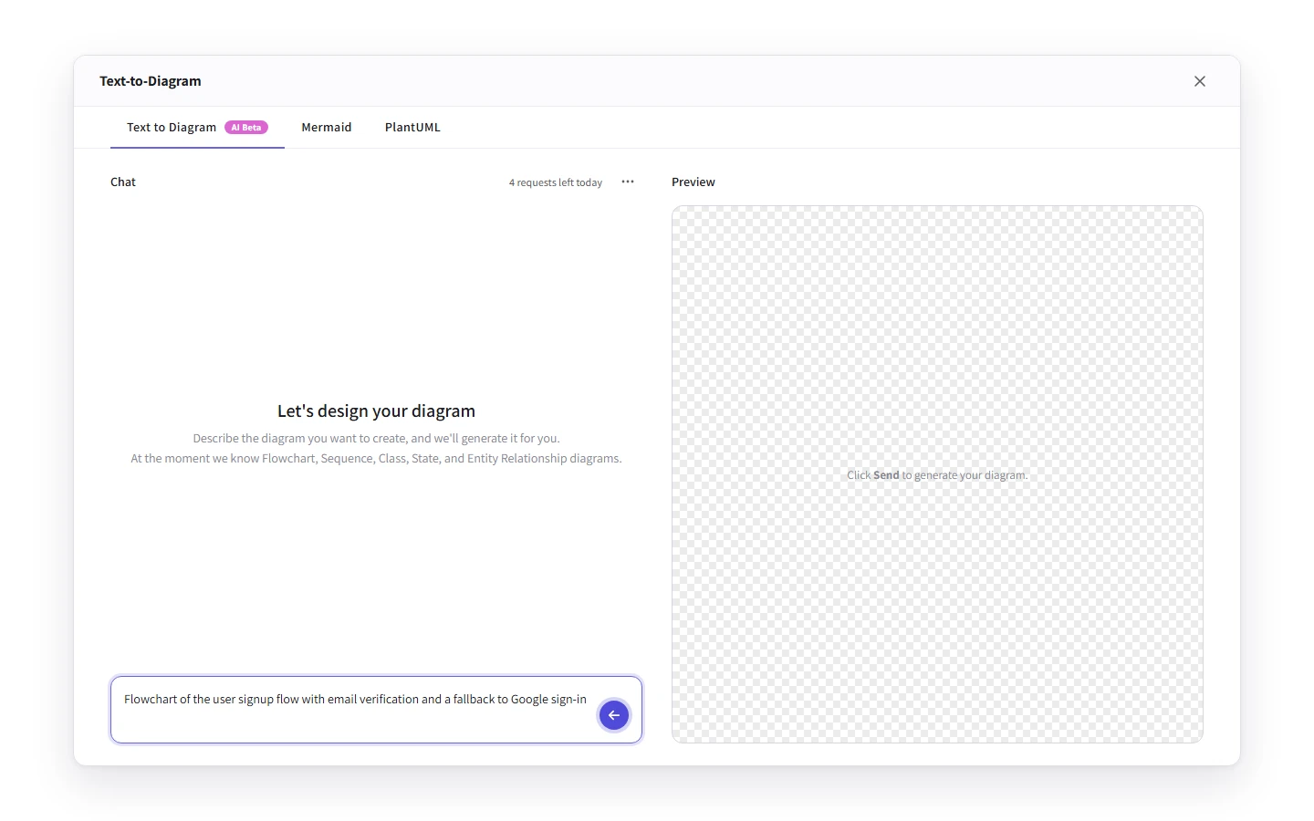 A prompt typed into the AI chat input — 'Flowchart of the user signup flow with email verification and a fallback to Google sign-in' — with the send button highlighted.