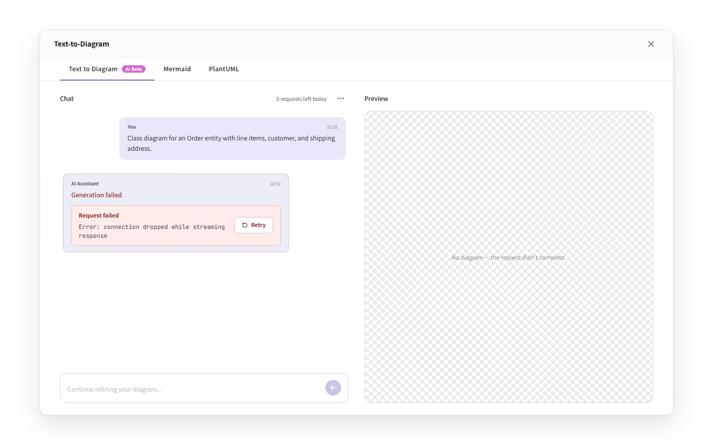 An AI chat assistant message in the failed state, showing 'Request failed' with a Retry button next to it.