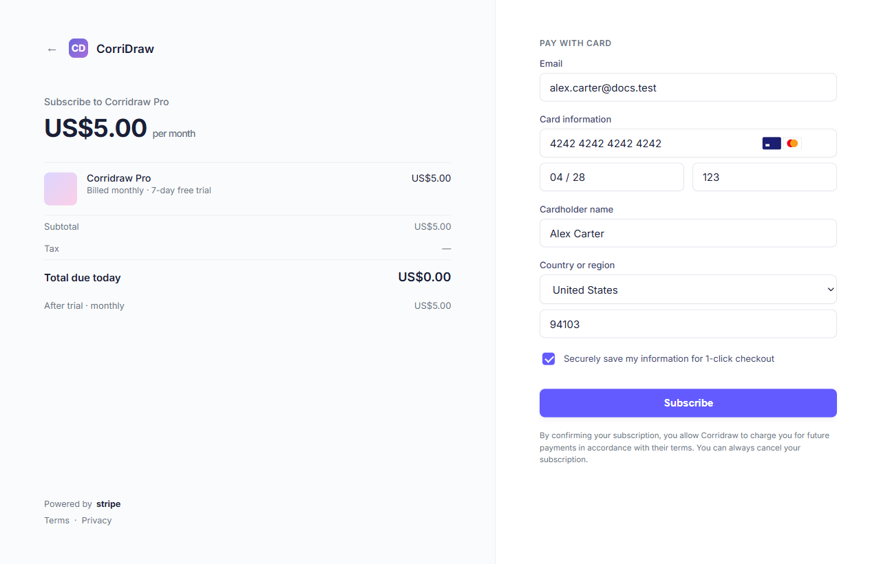 Stripe Checkout in a new tab. Card-number, expiry, CVC, and country fields. The CorriDraw logo at the top, the order summary on the left showing 'Corridraw Pro — $5.00 per month', and a 'Subscribe' button at the bottom.