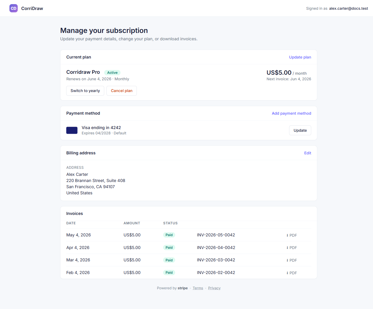 The Stripe customer portal opened from 'Manage Billing'. Sections for Current plan, Payment method, Billing address, and a chronological Invoices list with PDF download icons next to each row.