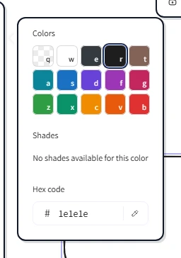 The stroke color picker open showing top picks at the top, the full palette of base colors below, the shades for the active base color, and a hex code input at the bottom