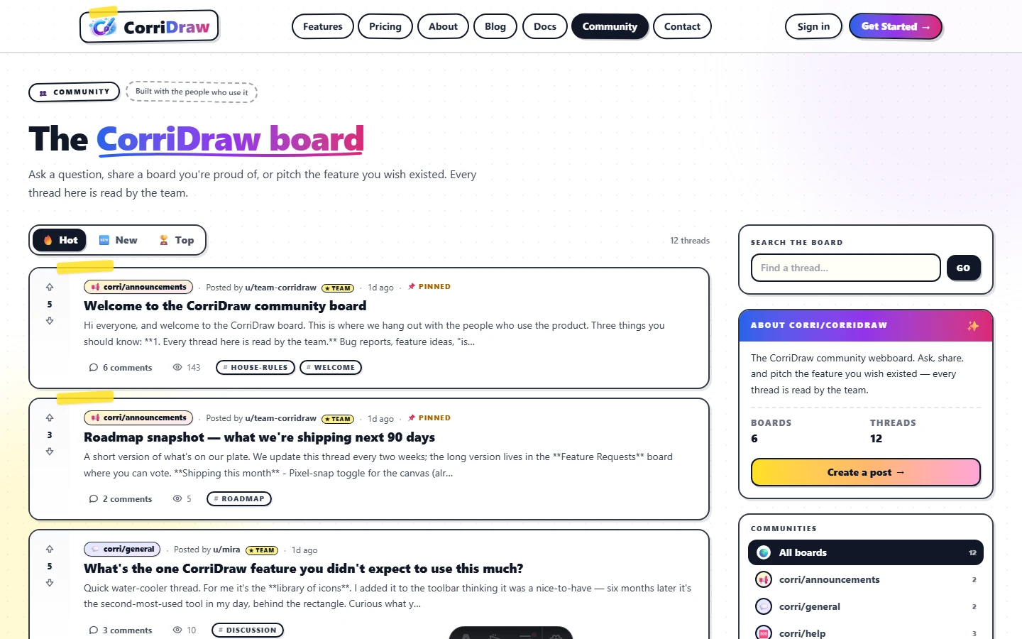 The /community landing page on desktop. Hero reads 'The CorriDraw board' with a wiggle underline. Sort tabs (Hot, New, Top) sit above a feed of thread rows, each with a vote stack on the left, title, category pill, author, age, and reply count. Right rail shows the categories list and popular tags.