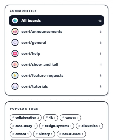 The right-rail Sidebar on /community showing the categories list. Each row is a card with a colored emoji tile, the corri/<slug> name, the human-readable category name, and a one-line description. Below the categories is a 'Popular tags' grid with pill-shaped tag links.