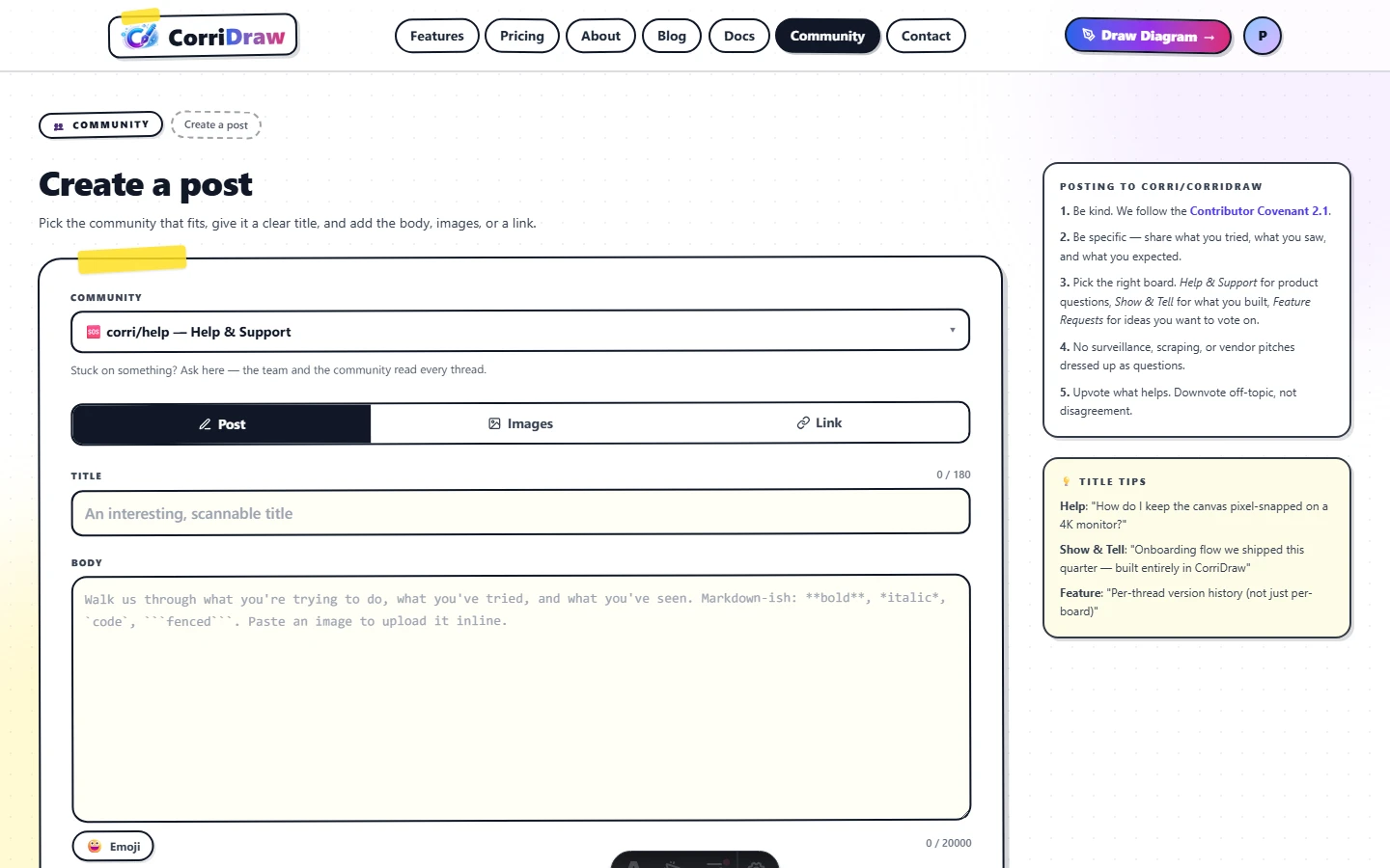 The /community/new composer with the community selector open. The dropdown lists all six boards each prefixed with their emoji and corri/<slug>. Below the closed dropdown the description for the currently selected board is shown.