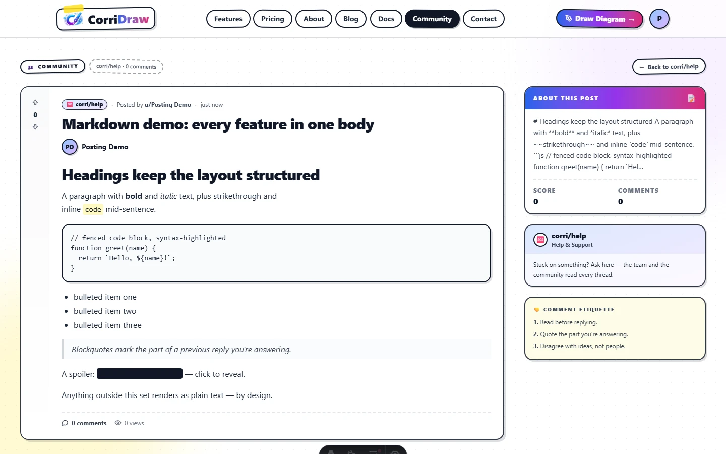 A rendered thread showing the supported Markdown features in one body — a heading, a paragraph with bold and italic, a fenced code block highlighted in monospace with a yellow tape corner, a bulleted list, a blockquote with a left border, an inline image, and a spoiler that's blurred until clicked.