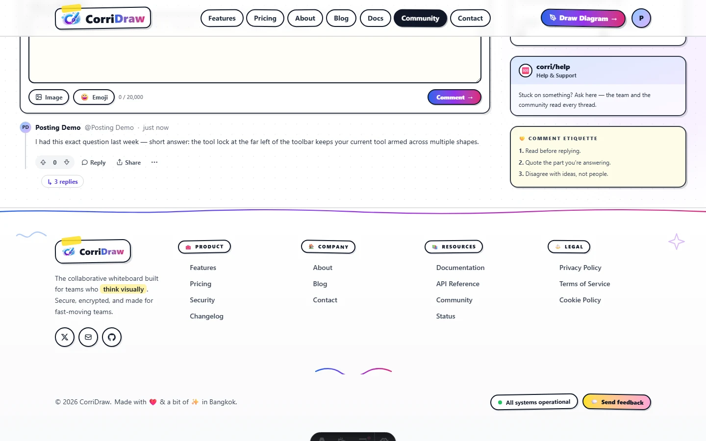A thread page showing the comment tree on a single thread: a top-level reply, two children indented to its right with their own vote stacks, and a third-level grandchild indented again. Each comment shows the avatar, displayName, relativeTime, score, and a Reply button.