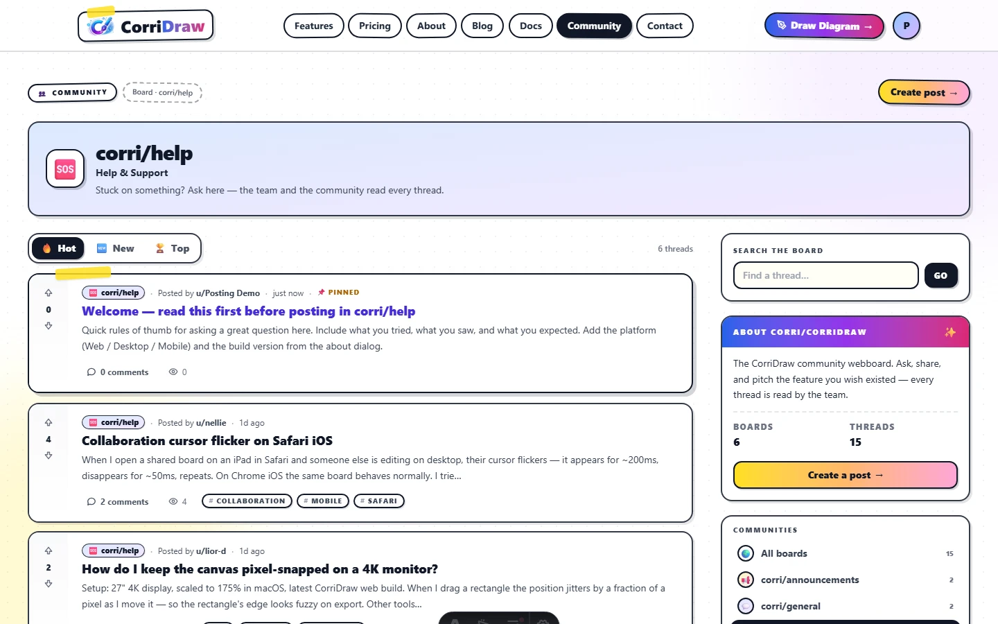 A thread row in the feed showing a pinned thread with a 📌 icon and yellow 'Pinned' label in the meta line, sitting at the top of the list above non-pinned threads. Another row below shows a locked thread with a 🔒 icon and a gray 'Locked' label.
