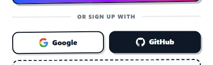 The sign-in-with row on the register card. Two equal-width buttons: left button is white with a colored Google G logo and the word 'Google'; right button is black with a white GitHub octocat logo and the word 'GitHub'. Both buttons have a slight tilt for the hand-drawn style.