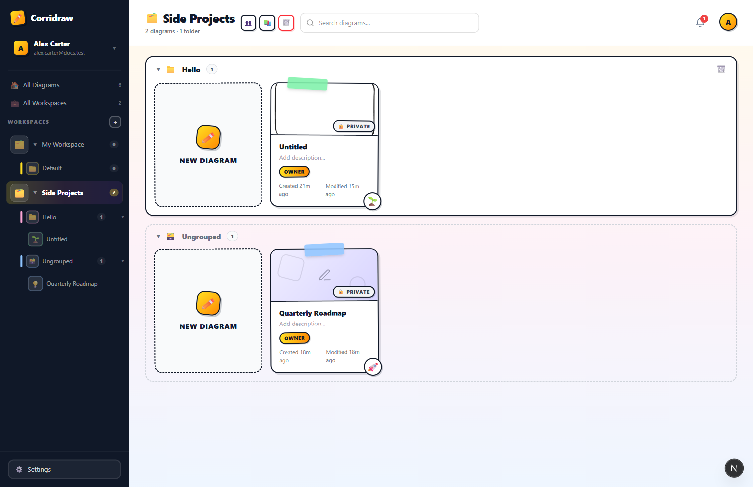 The Side Projects workspace dashboard with two diagram cards. The Quarterly Roadmap card shows a rocket emoji 🚀 in its bottom-right corner — chosen explicitly via the edit panel — while the Untitled card next to it shows the auto-picked sprout 🌱 default.