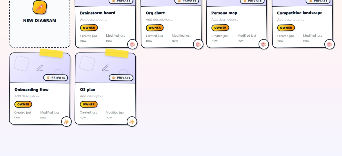 The main grid showing the New diagram card followed by a row of diagram cards inside a Marketing folder block