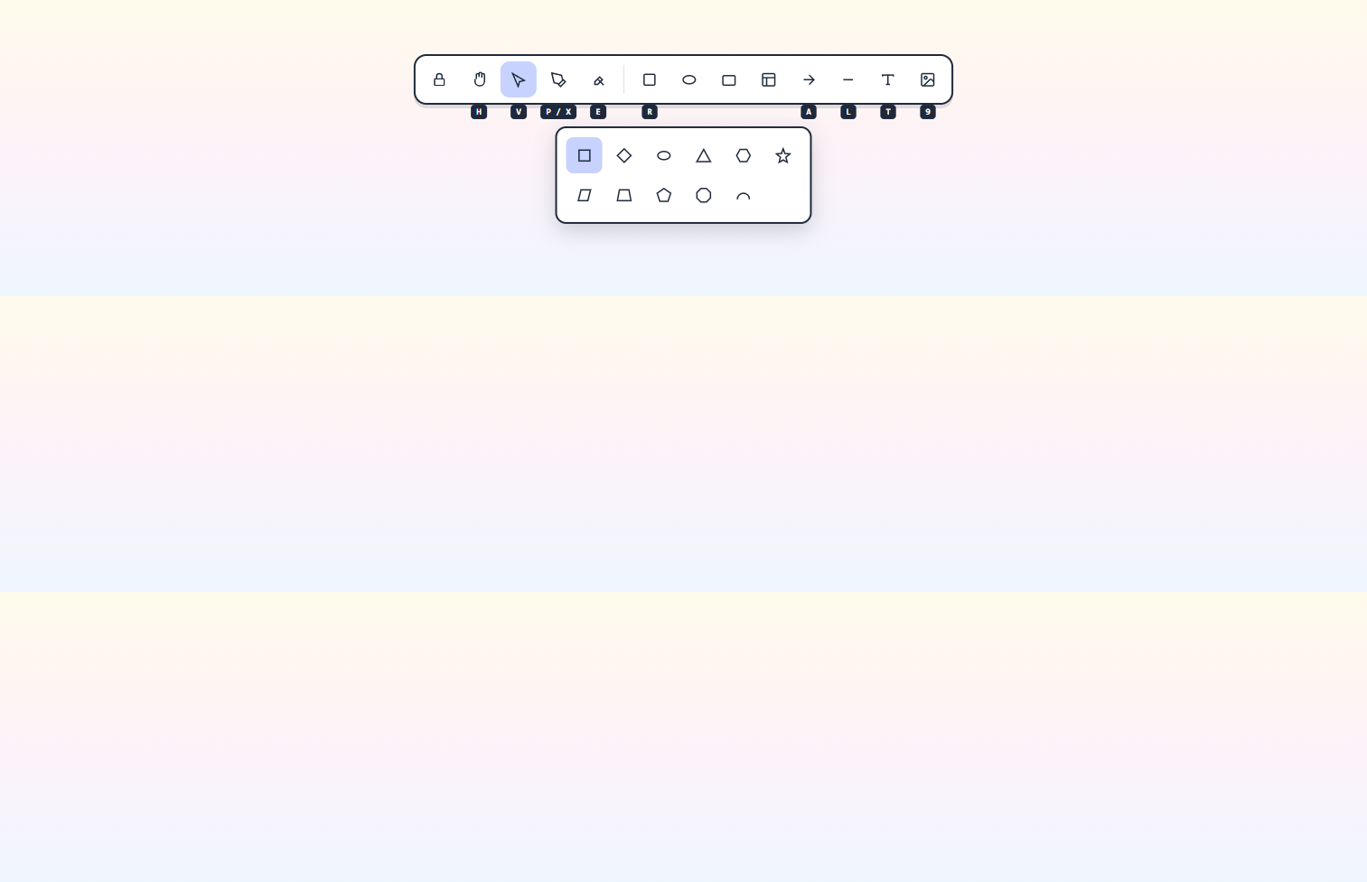 Close-up of the top toolbar with each icon labelled with its keyboard shortcut underneath. From left: lock toggle, hand (H), selection (V), draw (P/X), eraser (E), shapes flyout, arrow (A), line (L), text (T), image (9). The shapes flyout is open and shows rectangle, diamond, ellipse, triangle, hexagon, star, parallelogram, trapezoid, pentagon, octagon, semicircle.