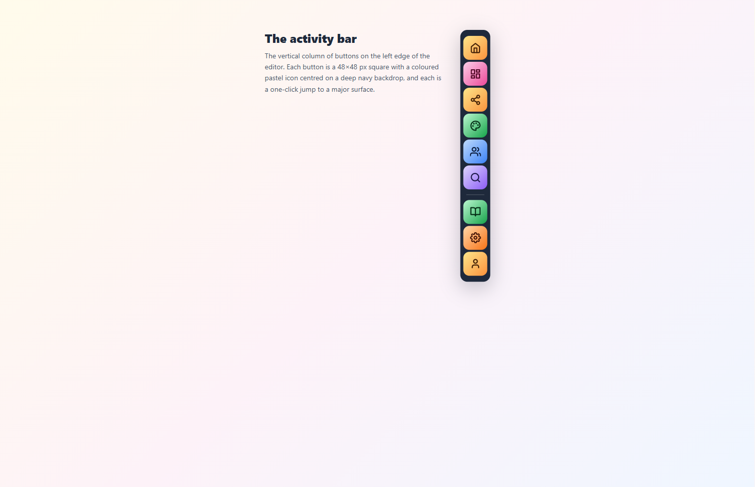 The left activity bar standalone. From top: dashboard home button (yellow), Diagrams (pink), Share (yellow), Canvas (green), Collaboration (blue), Find (purple), with a thin divider, then Tutorial (green), Settings (orange), and Account (yellow) at the bottom. Each button is a 48px square with an icon centered.