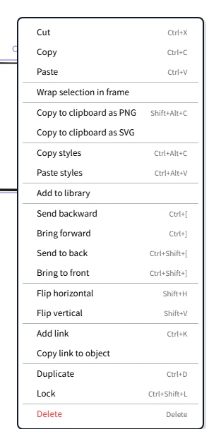 The right-click context menu on a selected rectangle. A vertical popover lists Cut (Ctrl+X), Copy (Ctrl+C), Paste (Ctrl+V), Wrap selection in frame, Copy to clipboard as PNG (Shift+Alt+C), Copy to clipboard as SVG, Copy styles (Ctrl+Alt+C), Paste styles (Ctrl+Alt+V), Add to library, Send backward (Ctrl+[), Bring forward (Ctrl+]), Send to back (Ctrl+Shift+[), Bring to front (Ctrl+Shift+]), Flip horizontal (Shift+H), Flip vertical (Shift+V), Add link (Ctrl+K), Copy link to object, Duplicate (Ctrl+D), Lock (Ctrl+Shift+L), and Delete in red at the bottom.