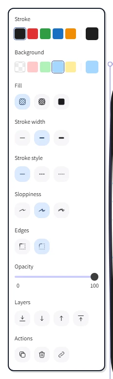 The right-hand properties panel with Stroke, Background, Fill, Stroke width, Stroke style, and Opacity sections labelled