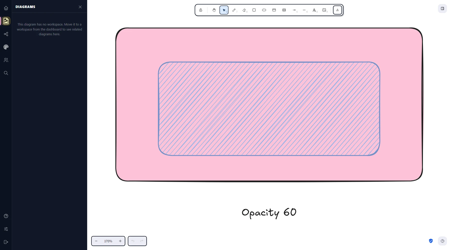 The Opacity slider at 60 with the live value shown above the handle, applied to a blue hachure rectangle that is now semi-transparent