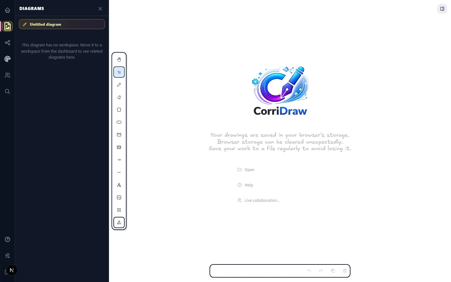 The editor right after creating a new diagram. The shape toolbar runs vertically along the left edge of the canvas with hand, selection, freedraw, eraser, rectangle, ellipse, more shapes, arrow, line, text, image, frame, and shape-pack icons. A welcome message in the middle of the canvas shows the CorriDraw logo with the heading 'Your drawings are saved in your browser's storage' and three quick-action links: Open, Help, and Live collaboration.