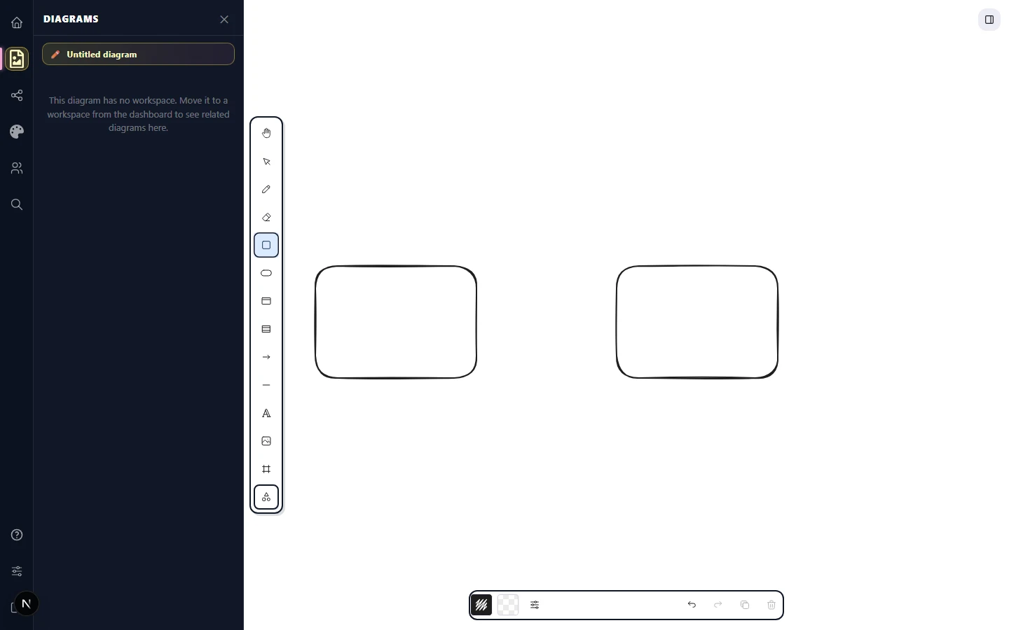 Two hand-drawn rectangles side by side on the canvas, separated by about 200px of empty space. The rectangle tool icon at the top is highlighted to indicate it's active.