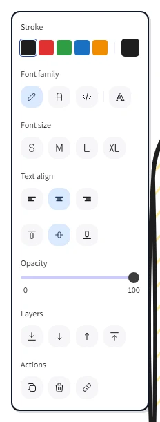 The right-hand properties panel showing Font family, Font size, Text align, and Vertical align rows for a selected text element bound to a rectangle