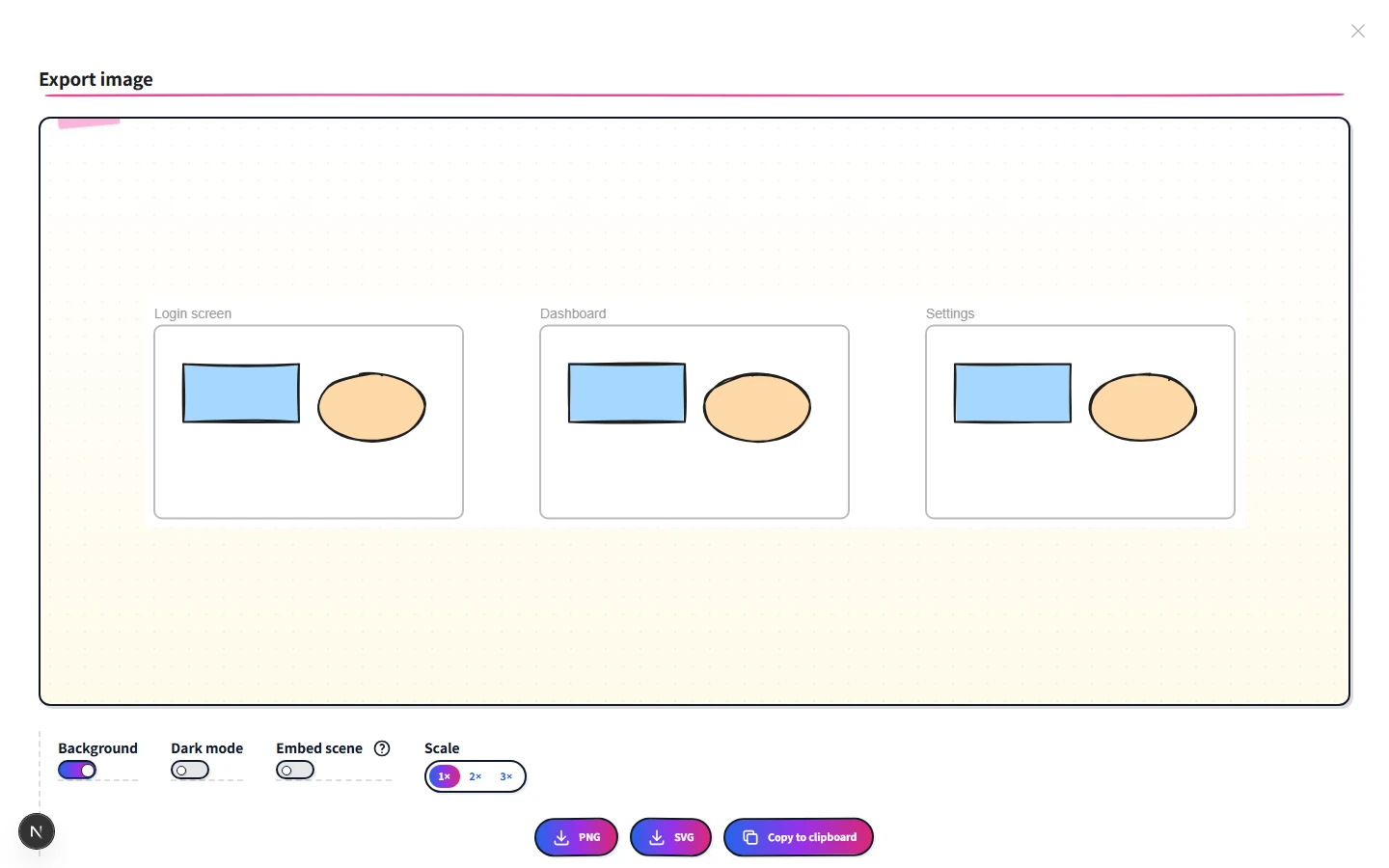 The export dialog showing a list of three frames each ready to export as its own PNG