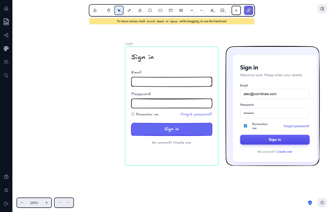 A frame containing rough sketch of a login form on the left and the AI-generated working HTML rendered in an embed on the right