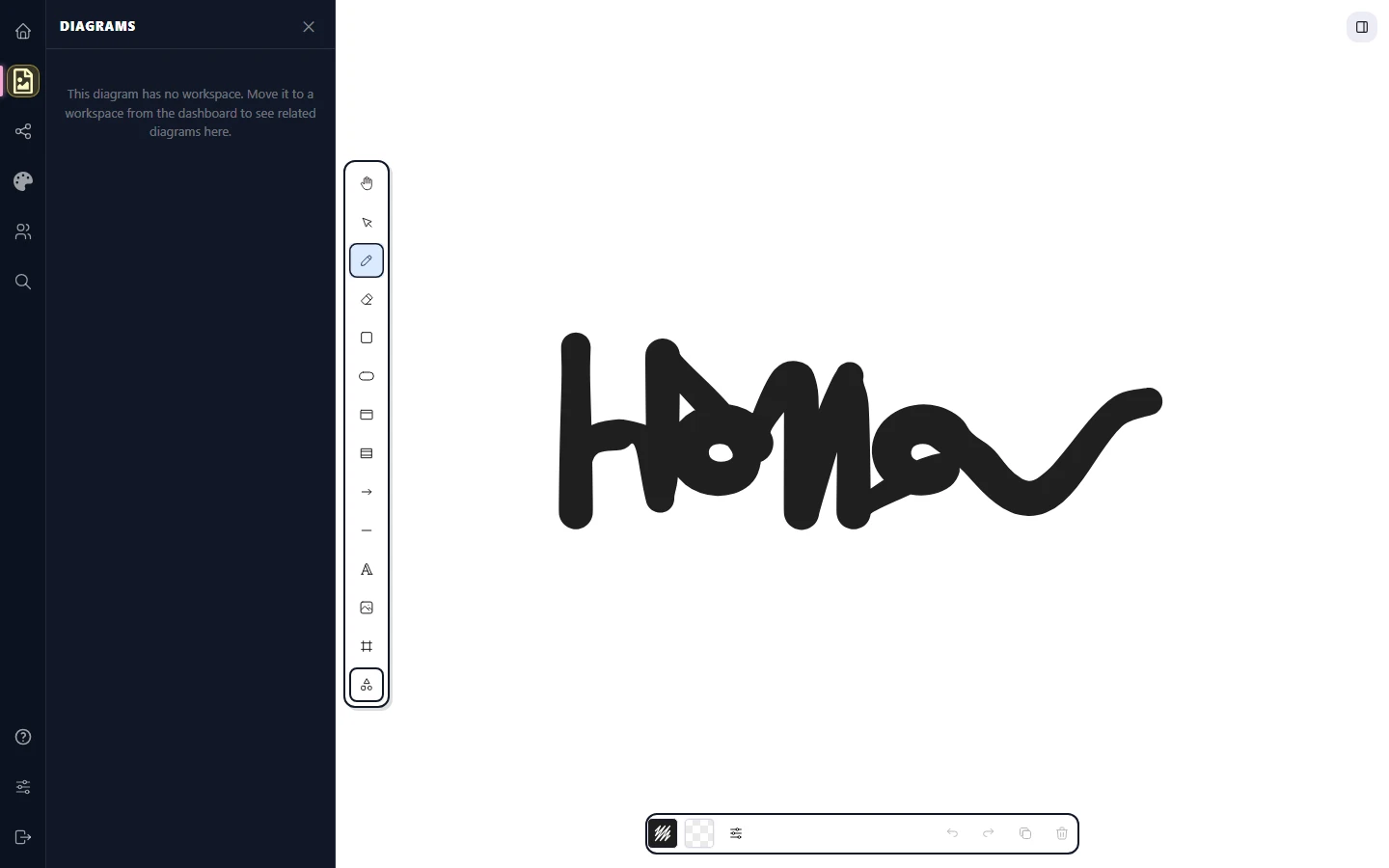 The freehand pencil icon on the toolbar with a hand-drawn signature in the middle of the canvas