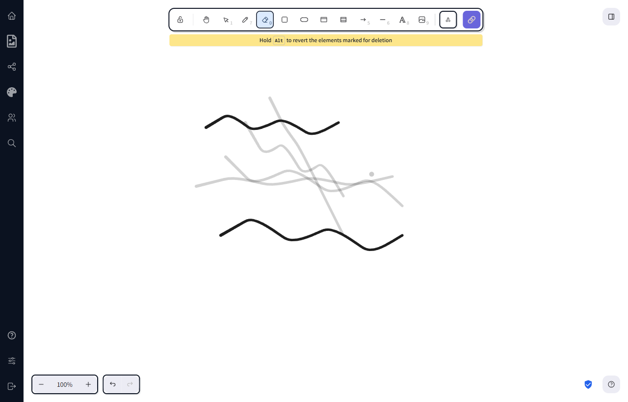 The eraser dragged across a tangle of freehand strokes with several strokes greyed out as they're queued for deletion