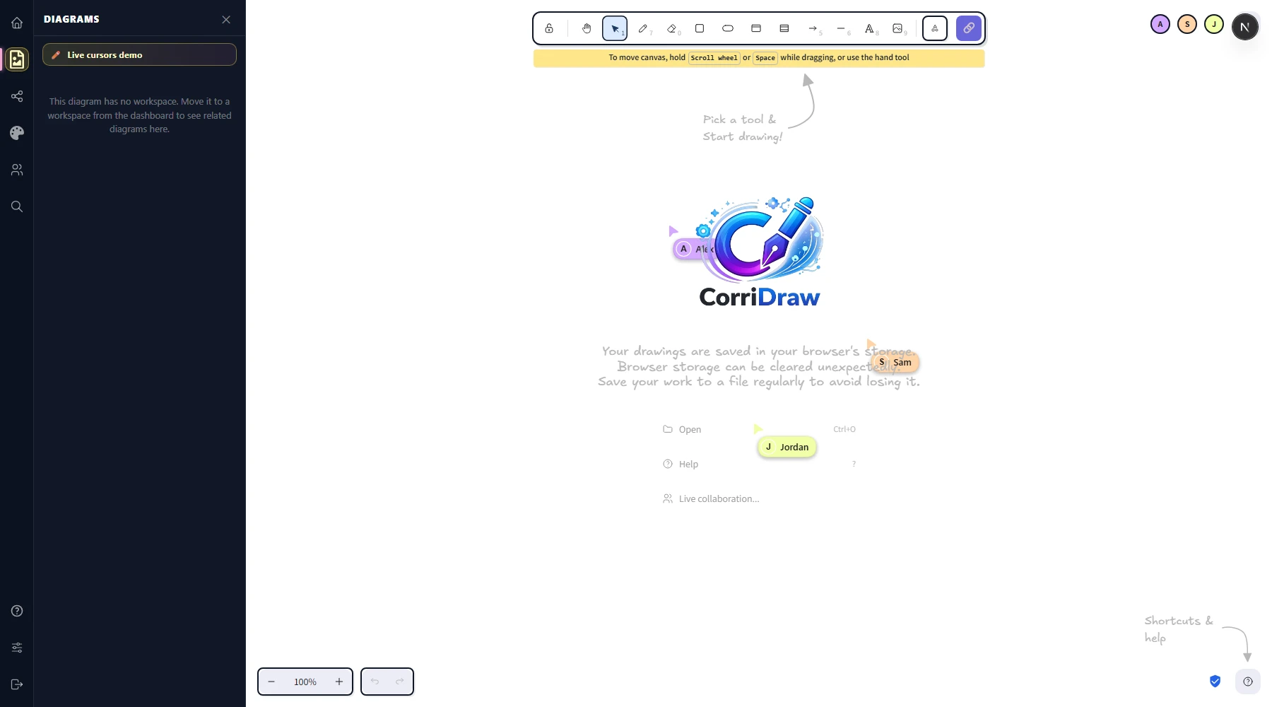 A canvas with three other people's cursors visible. Each is a hand-drawn arrow in a different color (pink, teal, orange) with a small rounded pill below it labelled 'Alex', 'Sam', and 'Jordan'. The current user's own cursor has no pill.