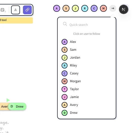 The top-right corner of the editor showing four colored circular avatars in a tight row, then a '+3' chip with a popover open below it listing the remaining users with their names and a magnifying-glass search field at the top of the popover.