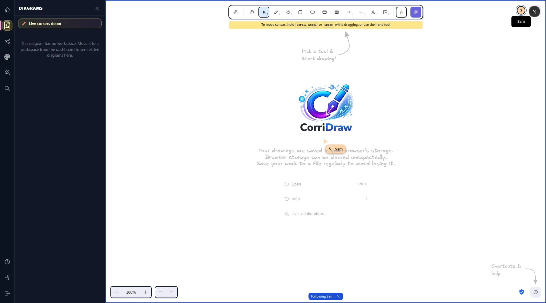 The canvas with a 'Following Sam' banner at the bottom-center, on a white sticky-note background with a small × close button. Sam's cursor on the canvas has a thin teal ring around the arrowhead. The current user's avatar in the top-right has a darker outline, indicating it's the active follow target.