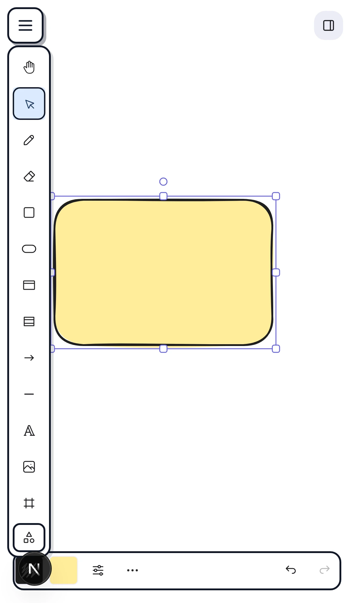 A phone screenshot of the CorriDraw editor in portrait. A single shape is selected, showing the resize handles around a hand-drawn rectangle. The drawing tool bar runs vertically along the left edge of the screen; the floating bottom row carries the shape-specific actions (colour, more, undo/redo).