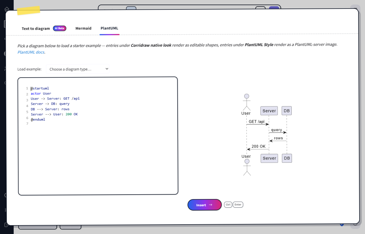 The runnable sequence diagram example rendered as an SVG in the PlantUML tab preview pane: source @startuml...@enduml on the left, rendered actor-User → Server → DB sequence diagram with GET /api, query, rows and 200 OK arrows on the right, Insert button with Ctrl+Enter shortcut at the bottom
