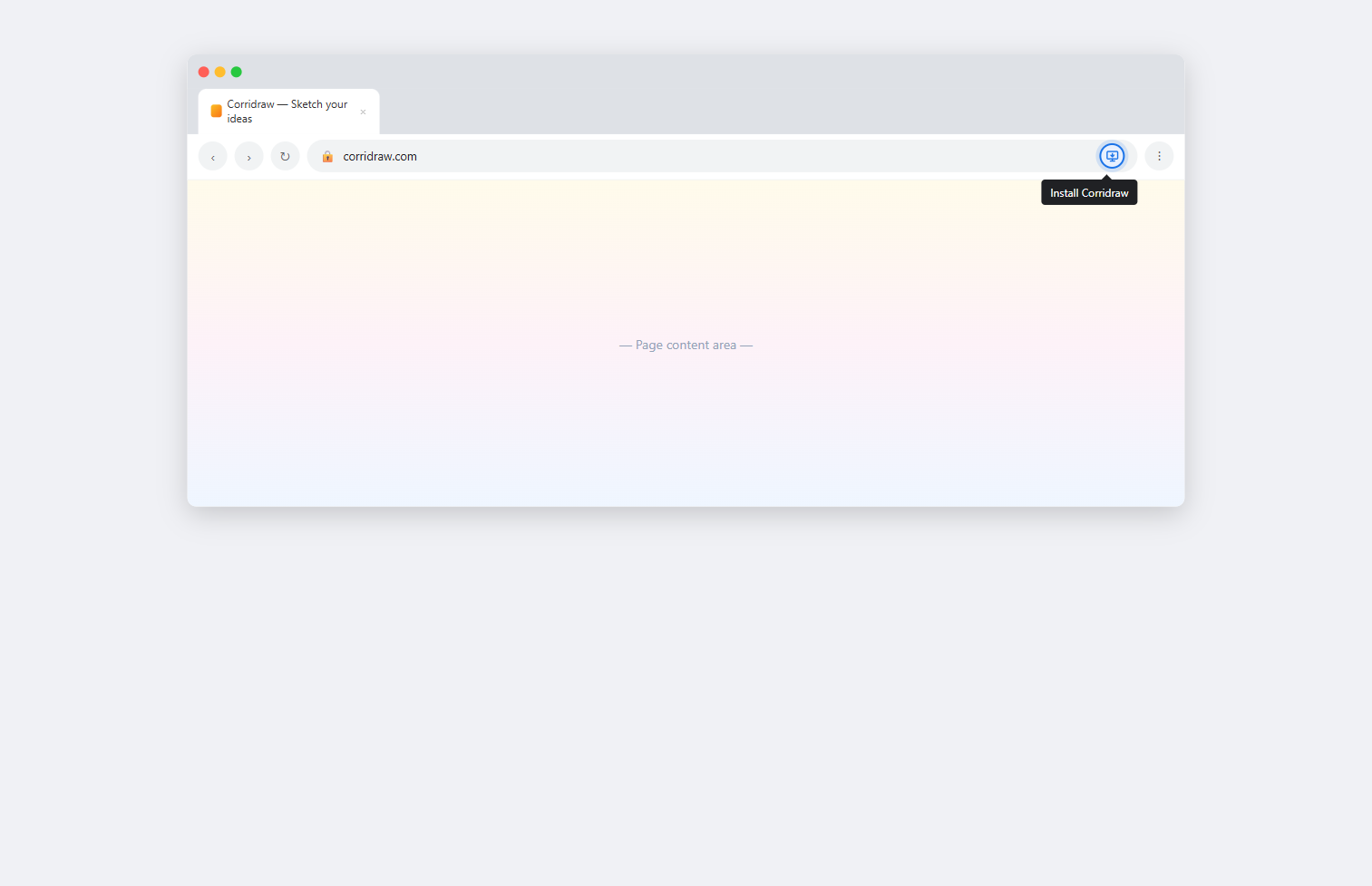 Desktop Chrome address bar showing the install affordance. A small monitor-with-down-arrow icon at the right end of the URL bar is highlighted, with a tooltip 'Install Corridraw' beneath it.