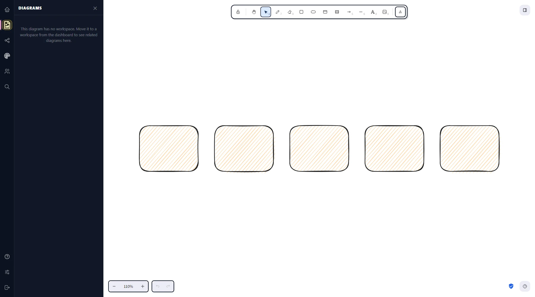 Five identical rectangles drawn at the artist roughness level, each with visibly different jitter patterns because each one has a different random seed