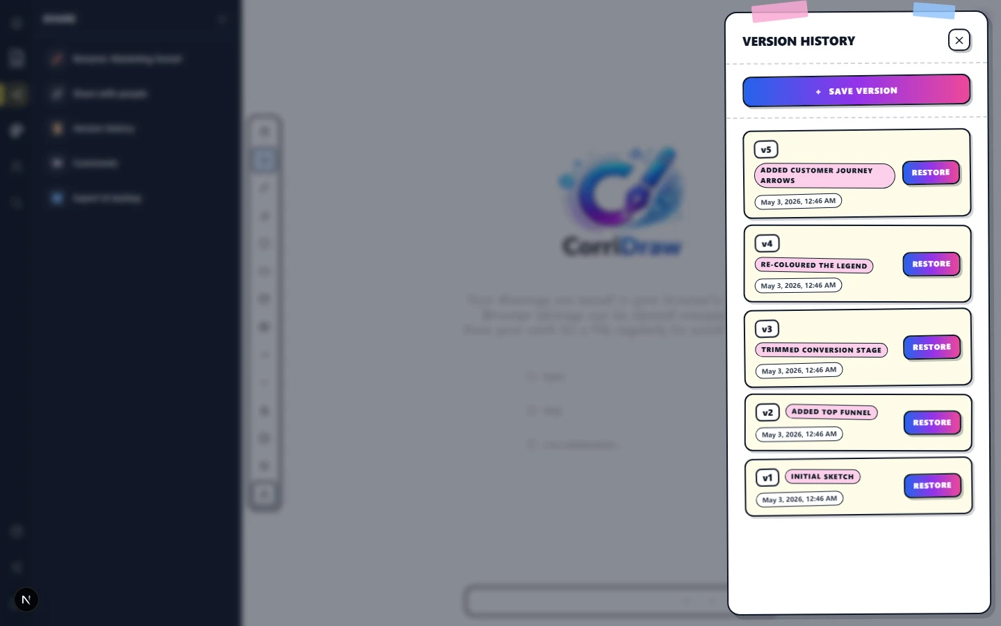 The version-history panel open on the right with five timestamped versions and the second-from-top selected