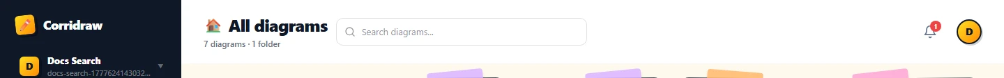The dashboard header on desktop showing the search bar to the right of the workspace title with placeholder text reading 'Search diagrams...'