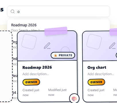 The search dropdown open under the input showing four results — each row has the diagram name in bold on top, with the owner name and an updated-date stamp below