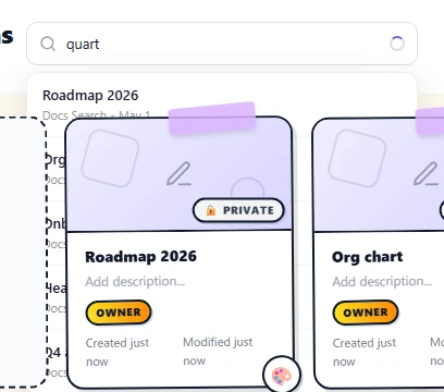 The search bar mid-query — the input has the partial text 'quart' typed in, the dropdown is open underneath, and a small purple-bordered spinner is visible at the right edge of the input