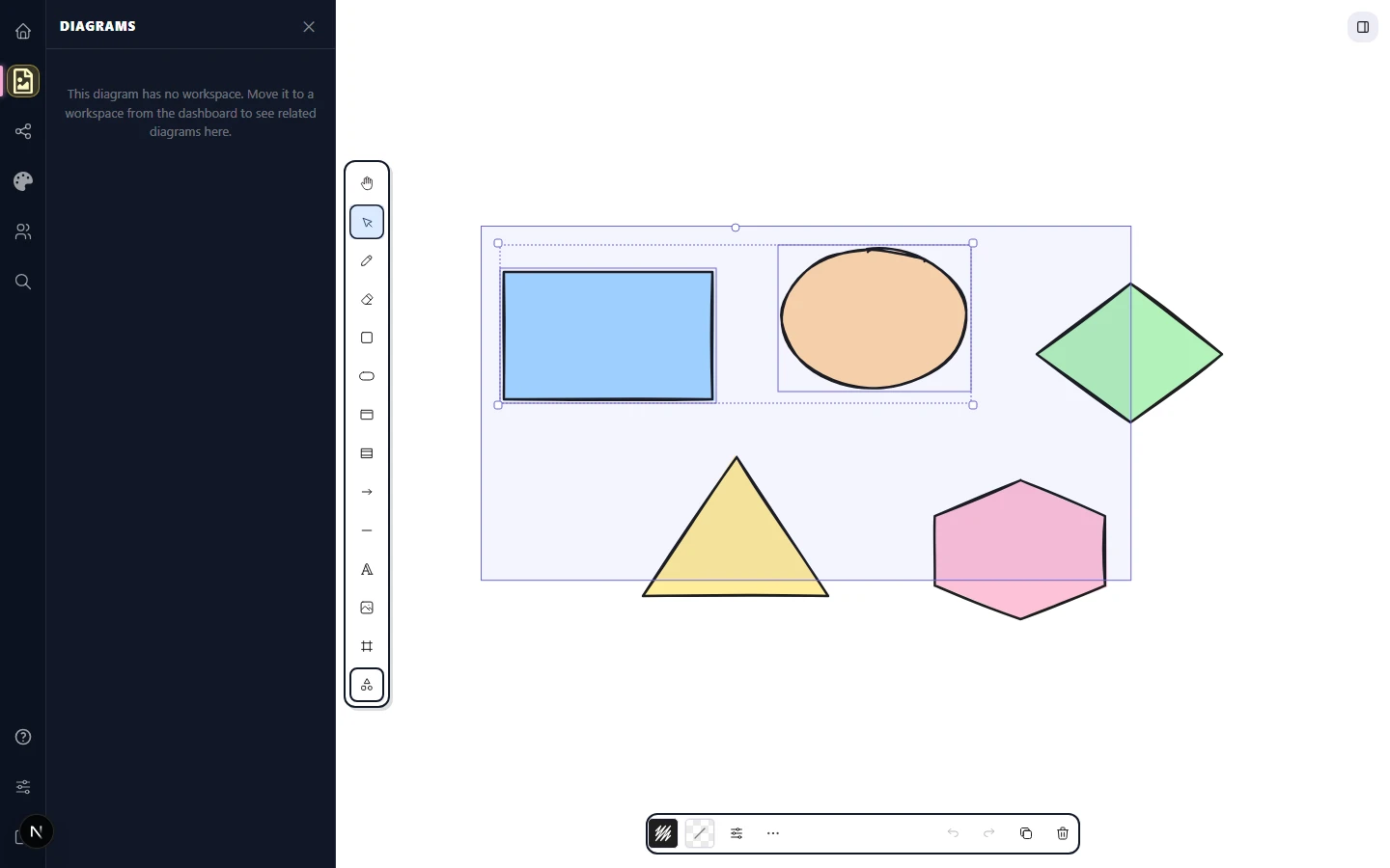 A selection rectangle being dragged across the canvas to capture two of five shapes