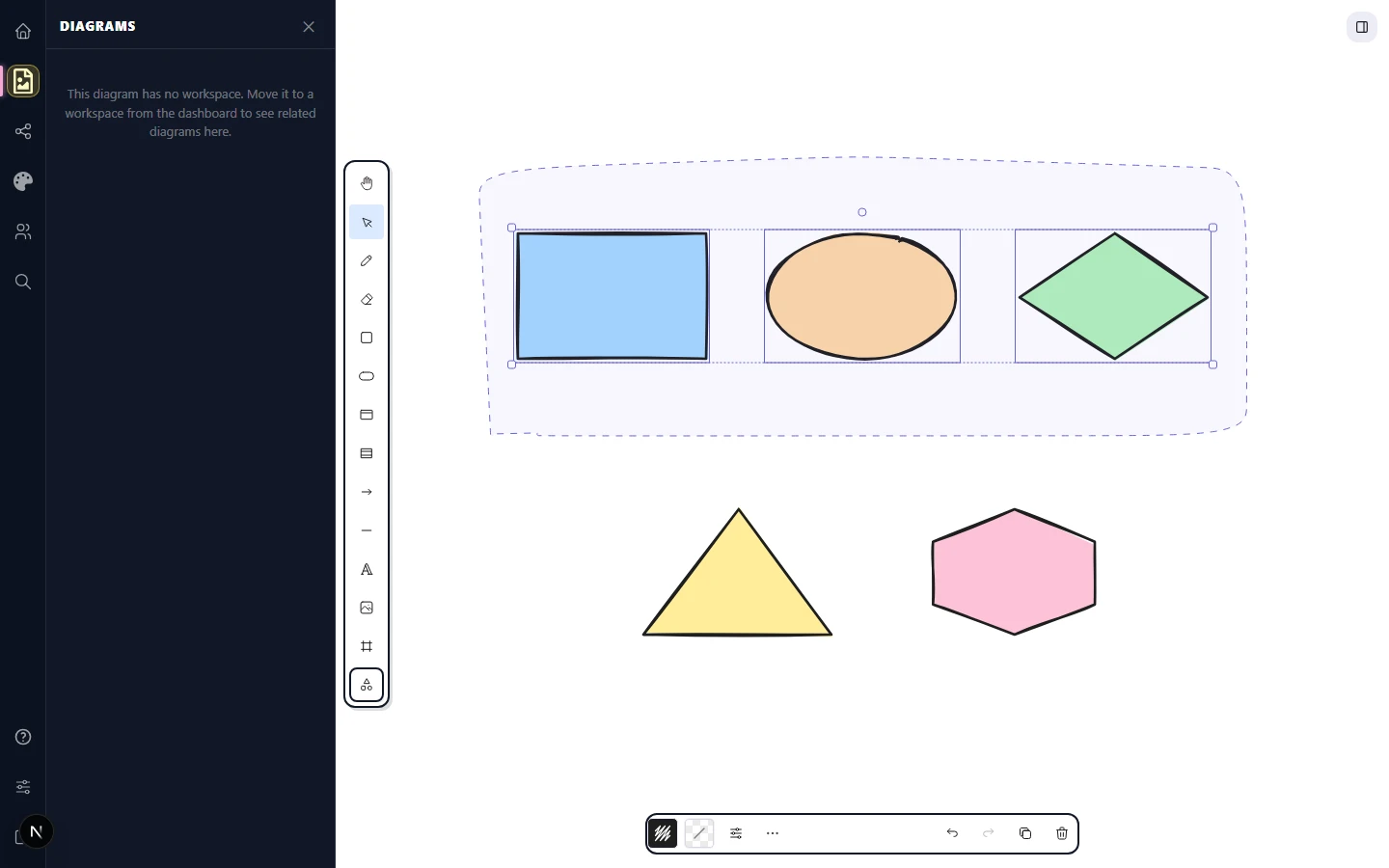 A lasso path drawn freehand around three of five shapes capturing exactly those three