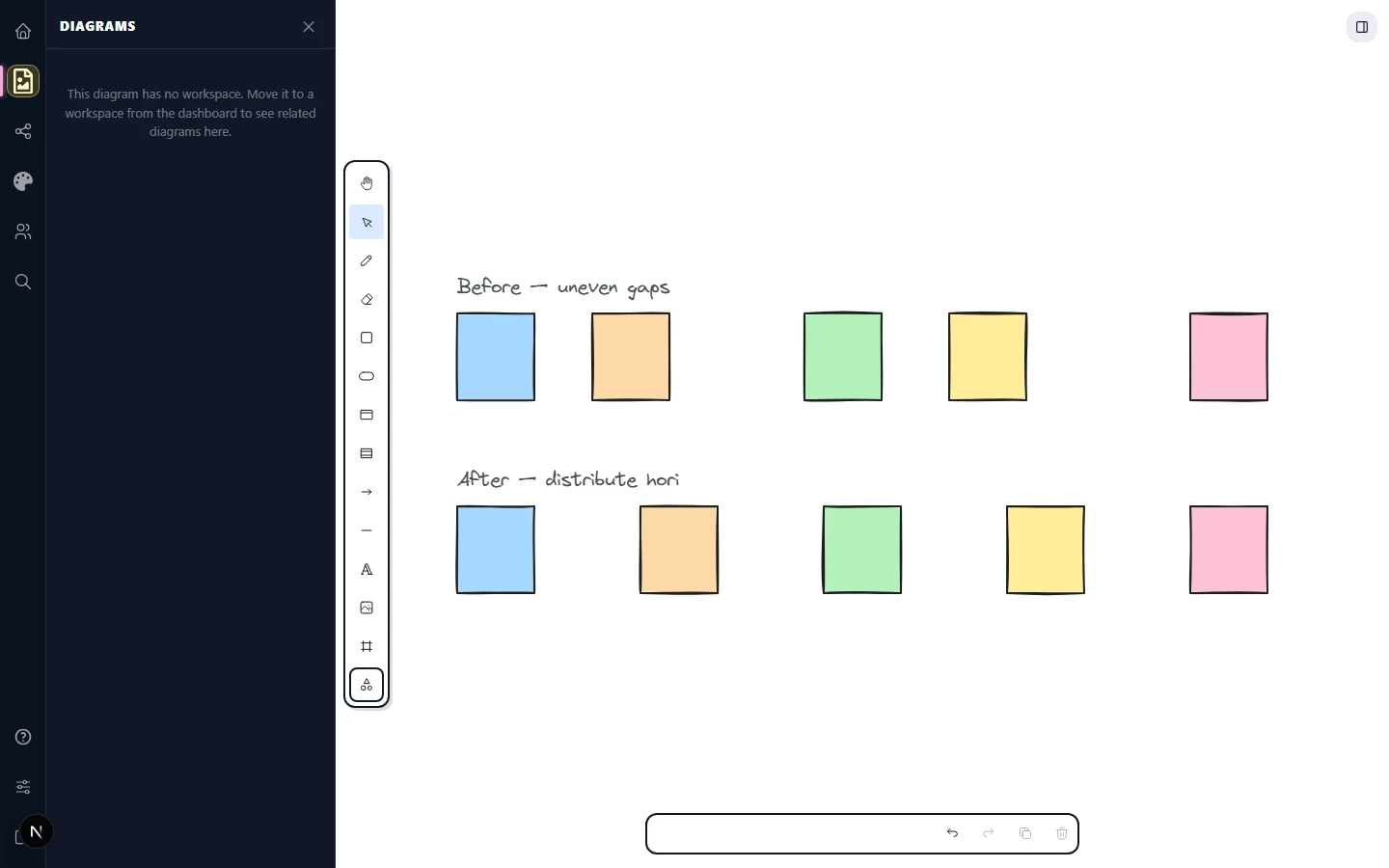 Five rectangles in a row before and after distribute horizontally — uneven spacing on top, even spacing on bottom