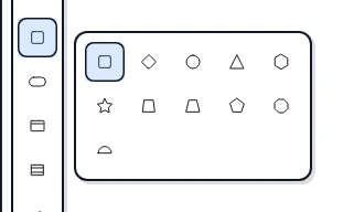 The shapes popover open on the toolbar showing rectangle, diamond, ellipse, triangle, hexagon, star, parallelogram, trapezoid, pentagon, octagon, and semicircle