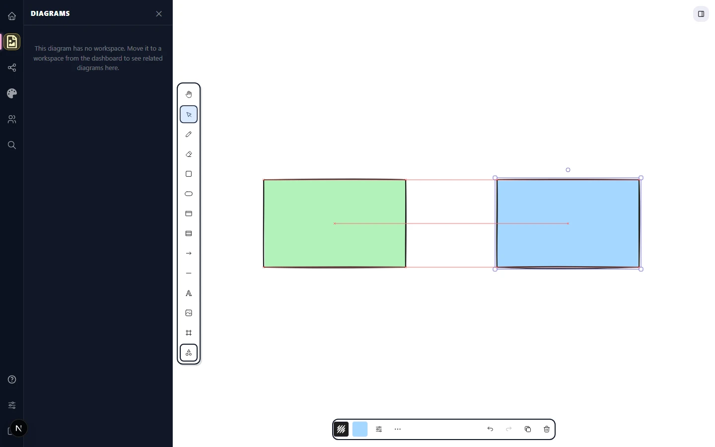 Two rectangles with pink alignment guides showing top edges and centres aligning