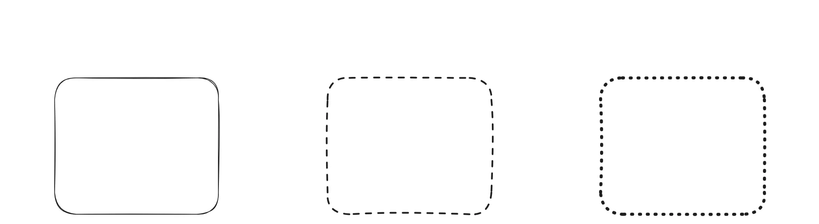 Three rectangles side by side: one with a thin solid stroke, one with a bold dashed stroke, and one with an extra-bold dotted stroke, demonstrating each combination