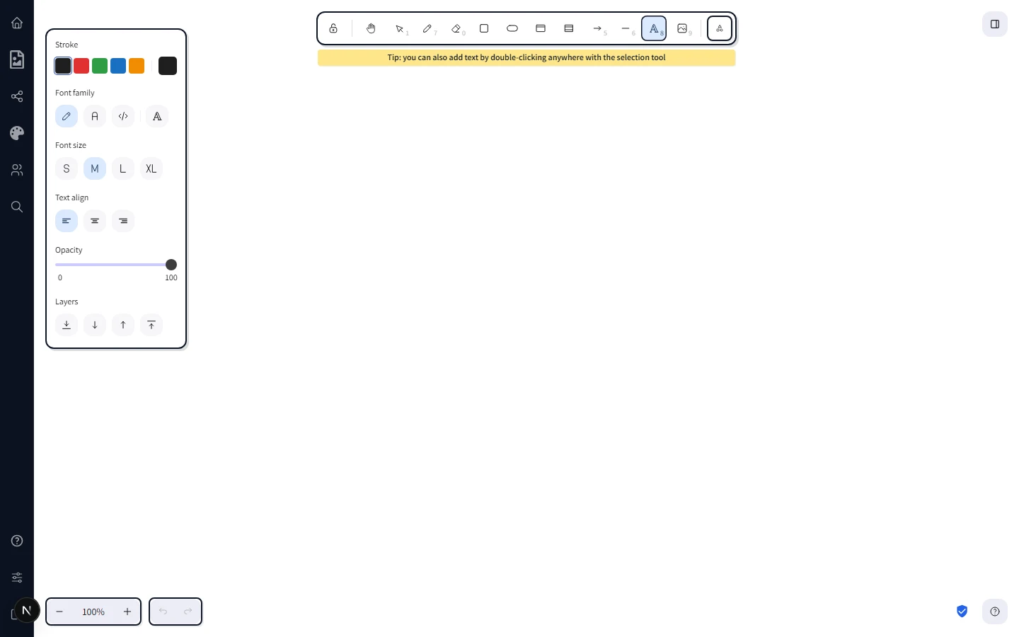 The text tool icon highlighted on the toolbar with a text caret blinking in the middle of an empty canvas