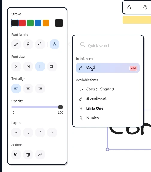 The font picker open in the properties panel showing all available font families with previews