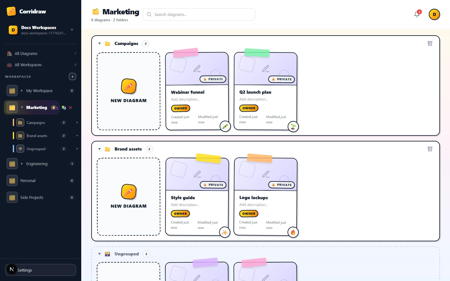 An individual workspace at /workspaces/<id> showing two folder blocks (Marketing and Engineering) and an Ungrouped block underneath